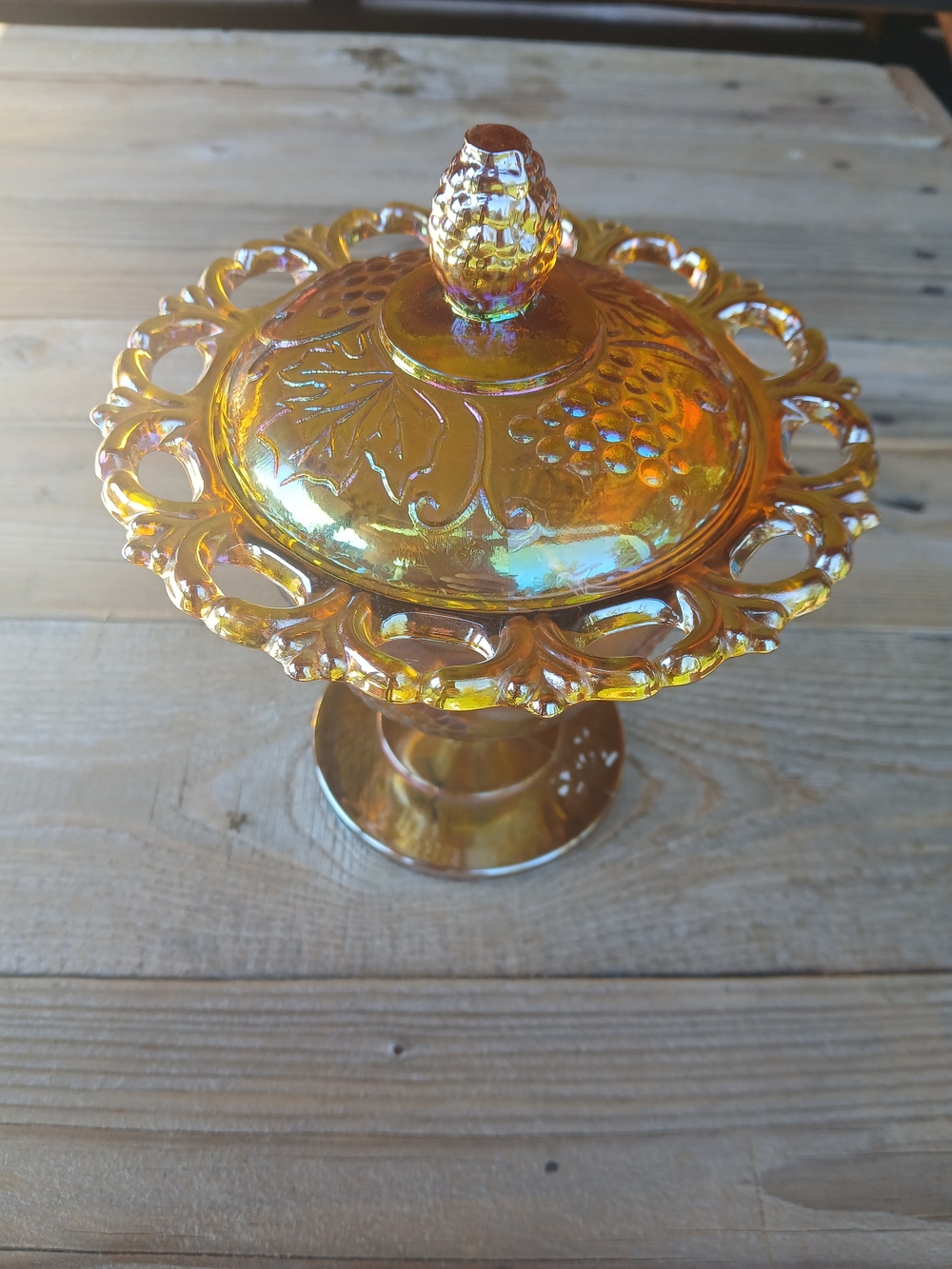 Vintage Indiana Glass Marigold Carnival Glass Harvest Grape Lace Edge Candy Dish